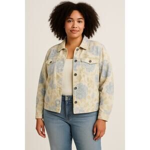 Bill Blass 1X Floral Linen Jacket Women Beige Blue Button Down Y2K Boho‎
